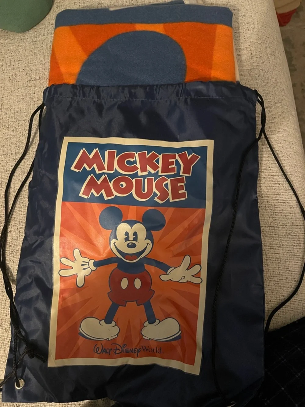 Disney Mickey Mouse Navy Blue Orange Drawstring Blanket Tote
